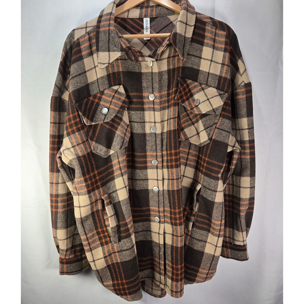 Zenana Oversized Woven Plaid Shacket Brown/Rust Women's Size 1X Outdoor